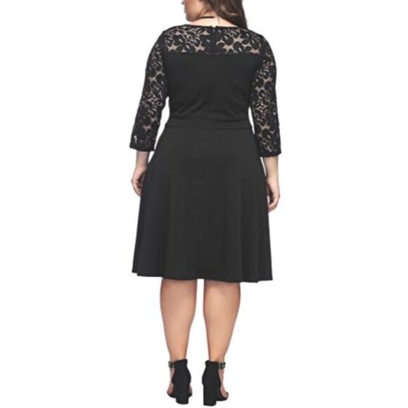 Women's V-Neck Back Zip Lace 3/4 Sleeve Knee Length A-Line Skater Dress - Picture 2 of 6